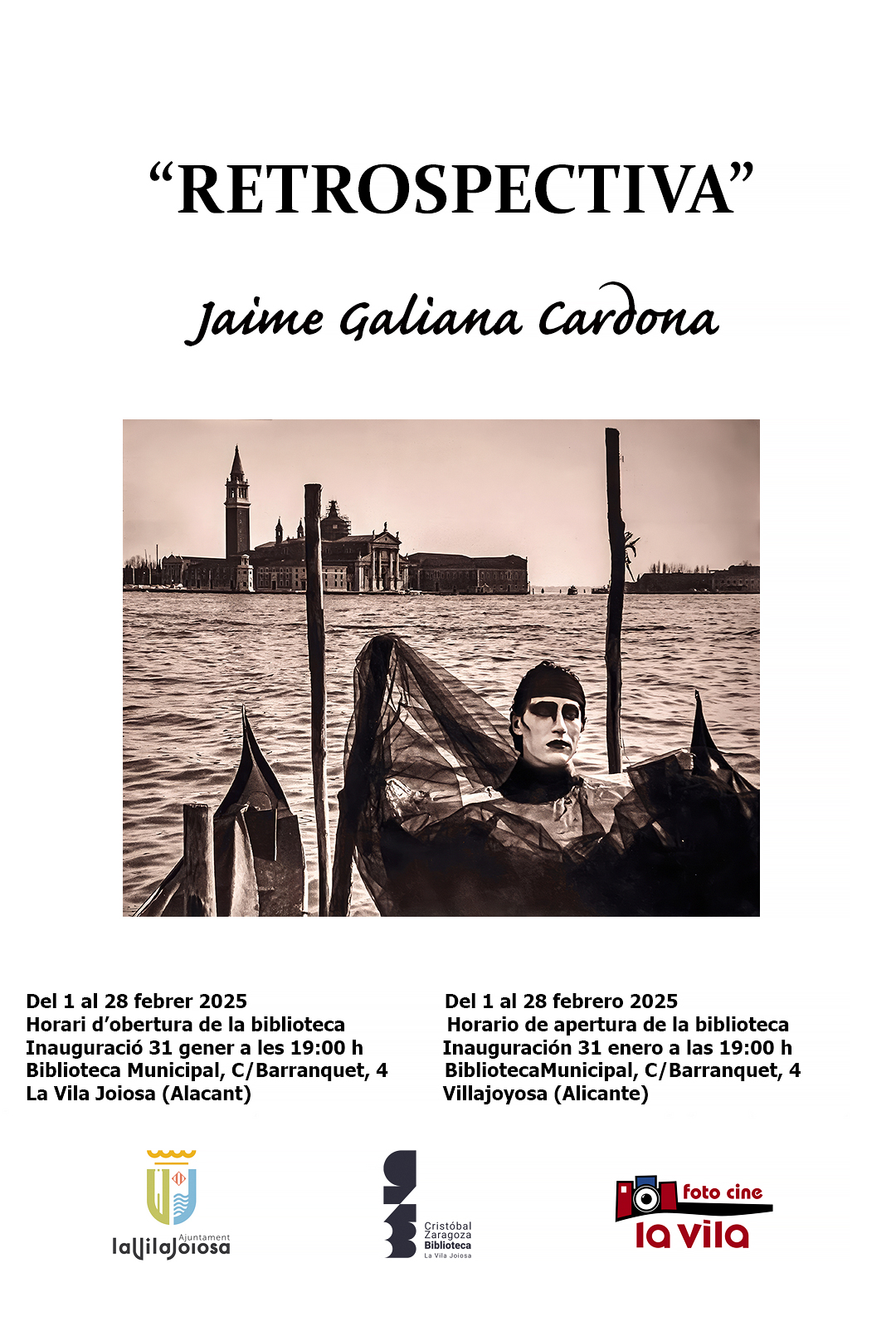 Durante el mes de febrero en el hall de la Biblioteca municipal d ela calle Barranquet. Se podrá ver la exposición "RETROSPECTIVA" de nuestro prersidente de honor Jaime Galiana.